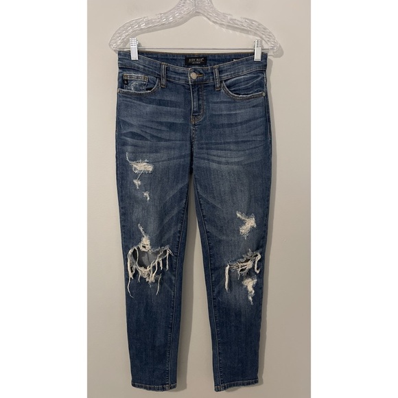 Judy Blue Jeans Women’s 5/27 Blue Distressed Mid Rise Medium Wash Boyfriend Fit - Picture 2 of 11